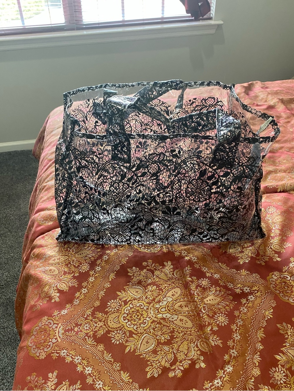 Signature Clear Tote Bag with Black Lace Overlay